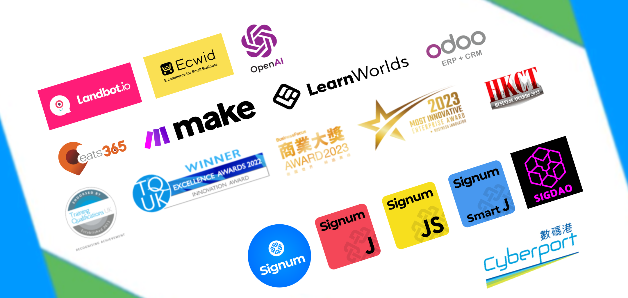 Partners and Awards - ECWID, OpenAI, LearnWorlds, Odoo ERP, SIGDAO, TQUK Excellence Awards, Hong Kong Cyberport